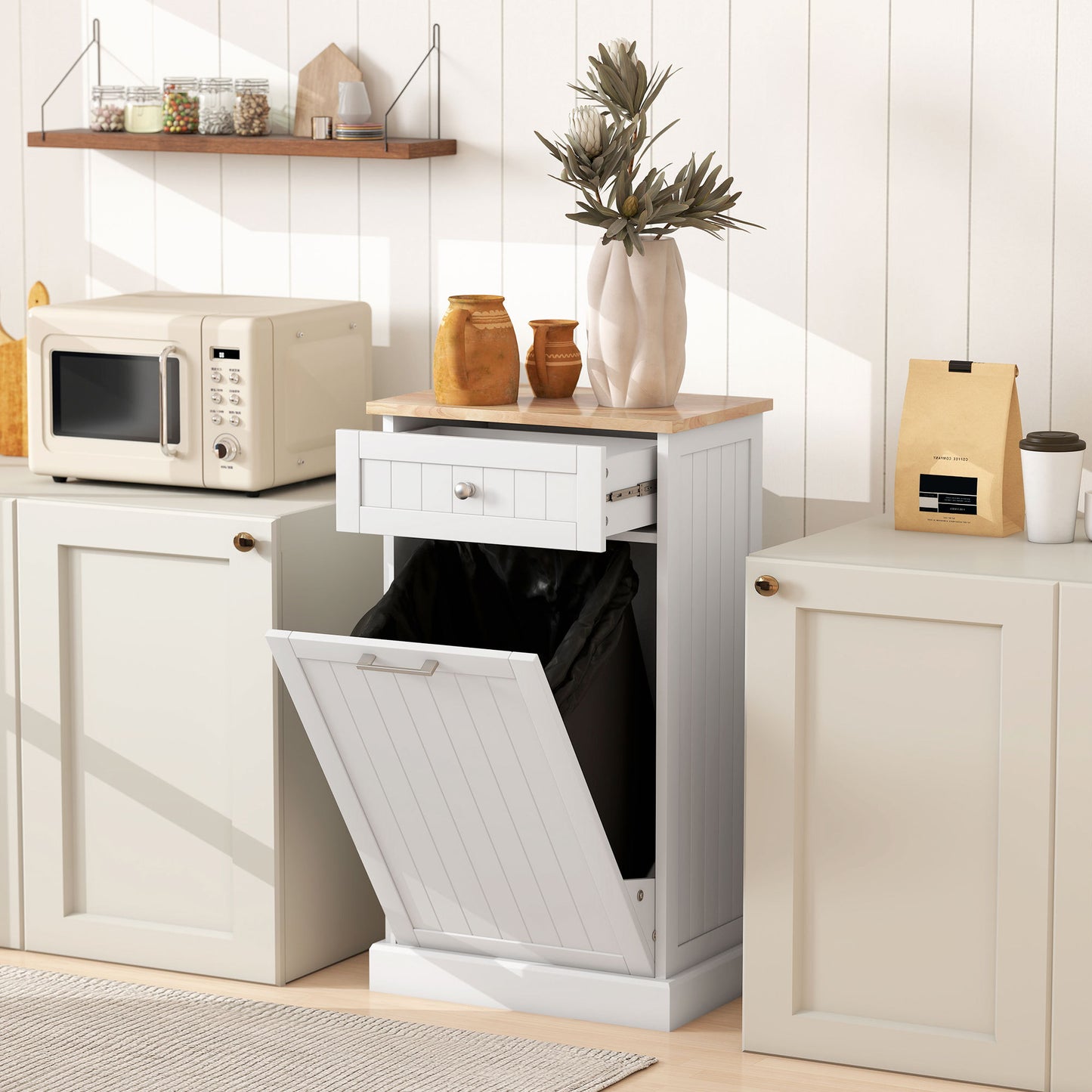Kitchen Tilt-Out Trash Bin Cabinet with Drawer (Free-Standing, Hidden Waste Storage)