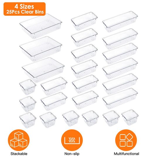 25-Piece Clear Drawer Organizer Set (4 Sizes, PET)