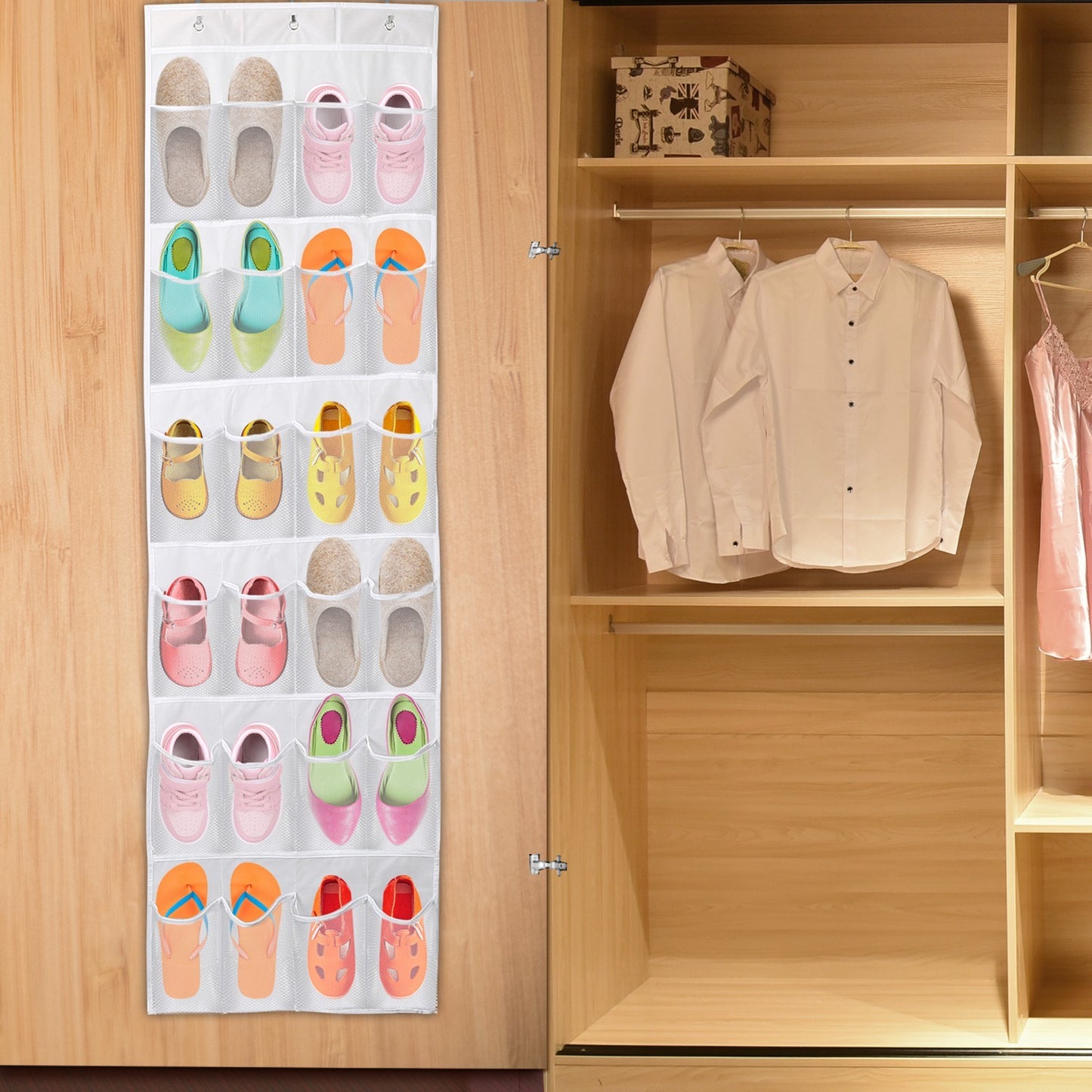 Over-The-Door Shoe Rack (24 Clear Pockets) — 6-Layer Hanging Organizer