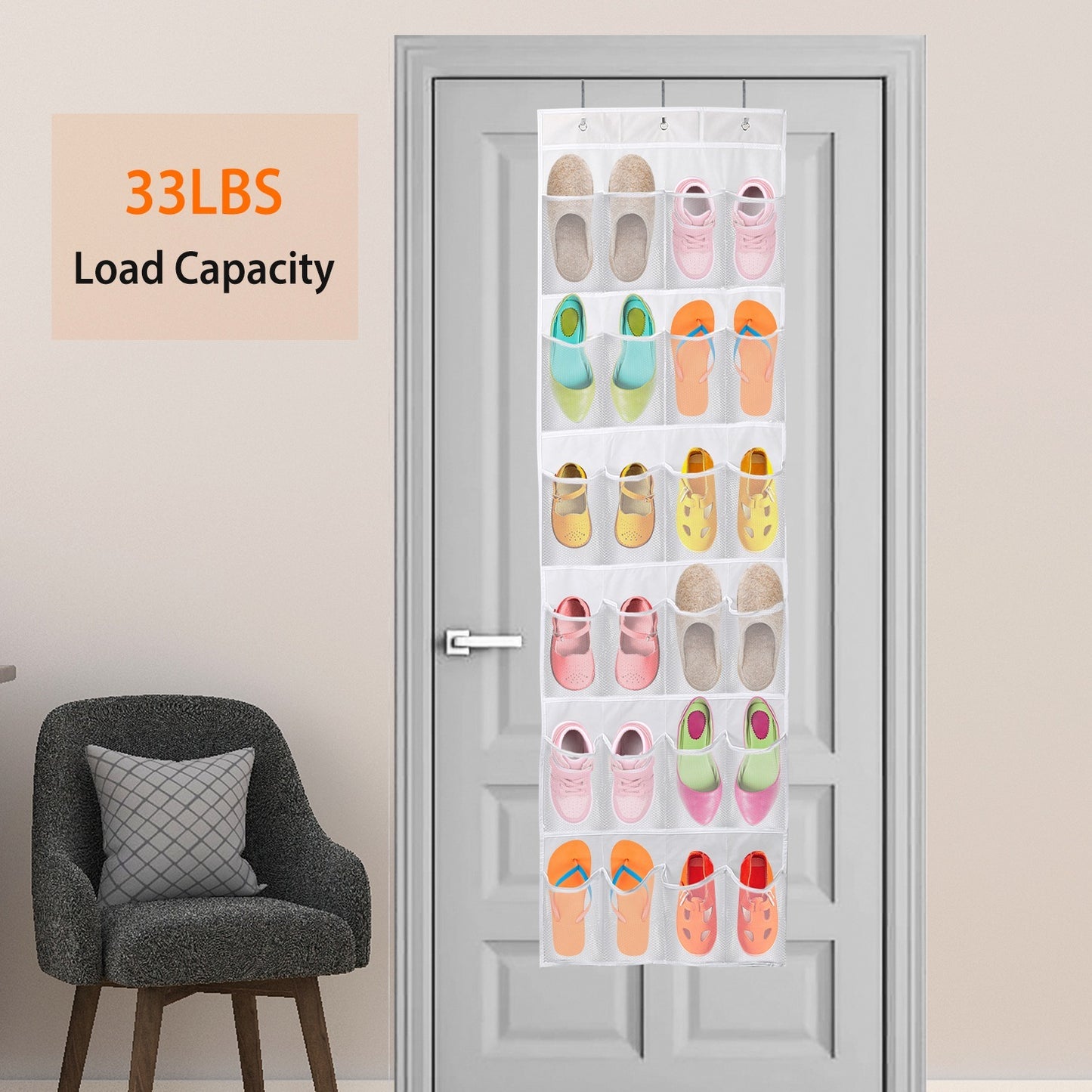 Over-The-Door Shoe Rack (24 Clear Pockets) — 6-Layer Hanging Organizer