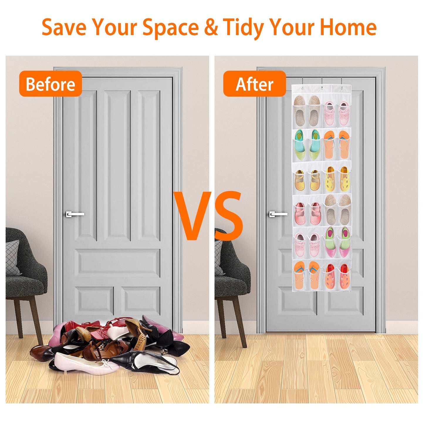 Over-The-Door Shoe Rack (24 Clear Pockets) — 6-Layer Hanging Organizer