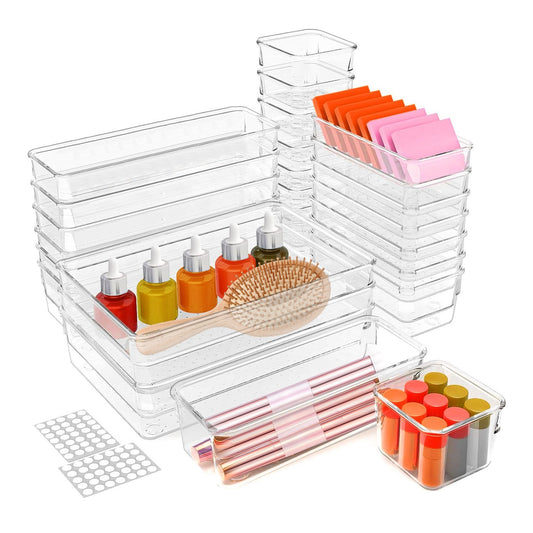 25-Piece Clear Drawer Organizer Set (4 Sizes, PET)