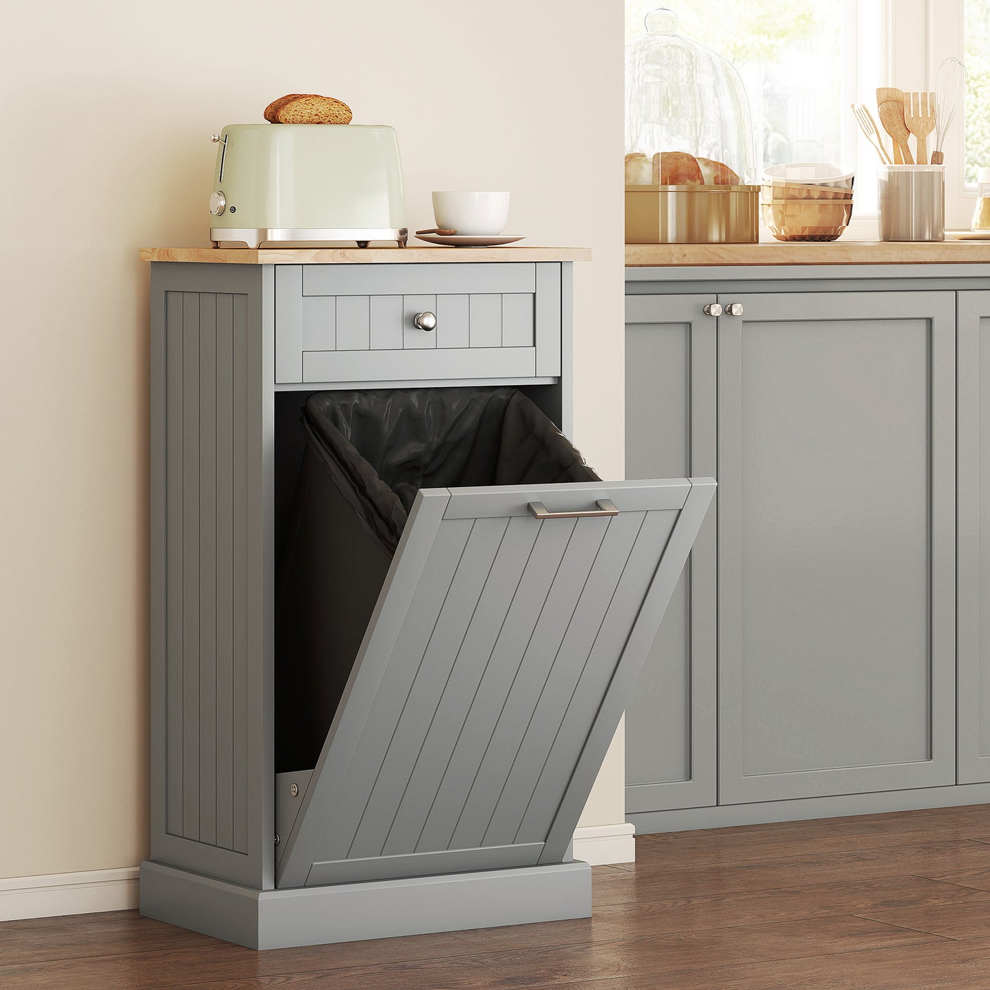 Kitchen Tilt-Out Trash Bin Cabinet with Drawer (Free-Standing, Hidden Waste Storage)