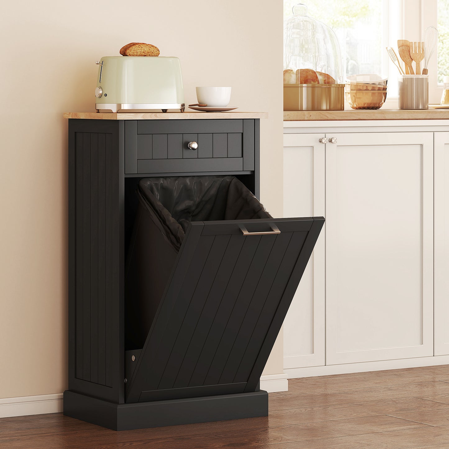Kitchen Tilt-Out Trash Bin Cabinet with Drawer (Free-Standing, Hidden Waste Storage)